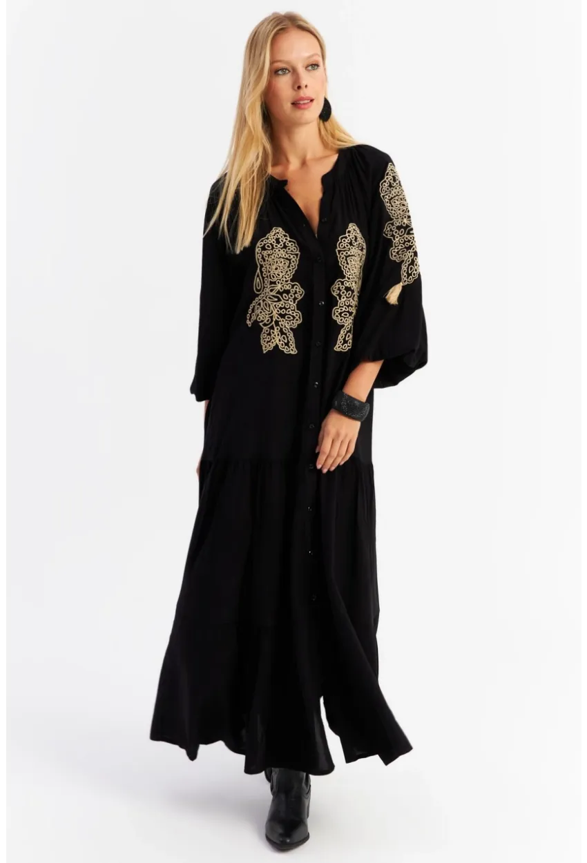Kadın Siyah Nakışlı Volanlı Maxi Elbise MALO7
