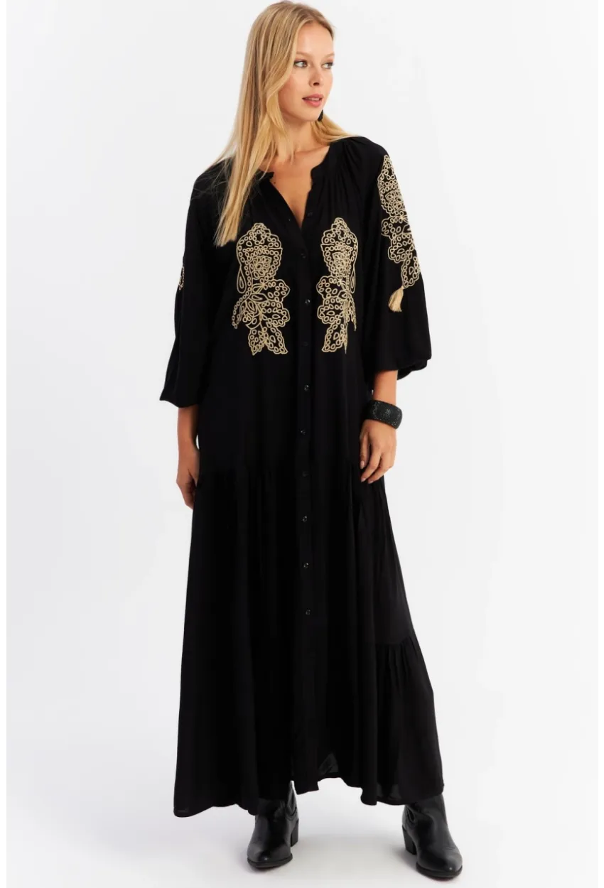 Kadın Siyah Nakışlı Volanlı Maxi Elbise MALO7