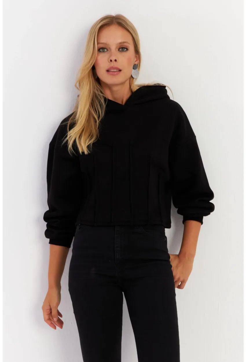 Kadın Siyah Nervüllü Üç İplik Sweatshirt TF13