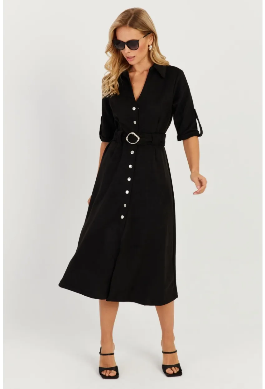 Kadın Siyah Nubuk Midi Gömlek Elbise KED4023
