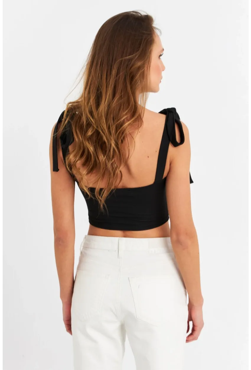 Kadın Siyah Omuz Bağlamalı Crop Bluz B5023-90