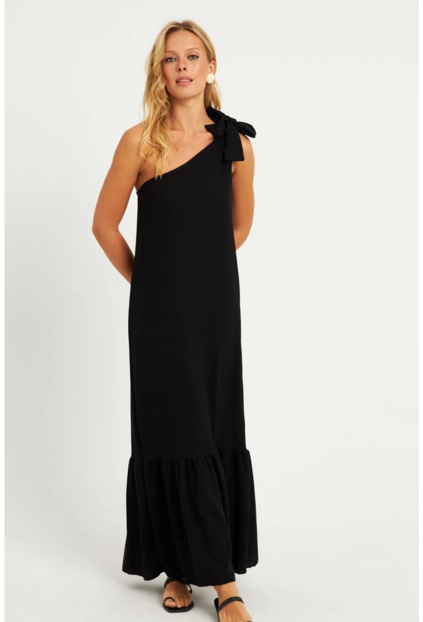 Kadın Siyah Omuz Fiyonklu Bürümcük Midi Elbise EY2800