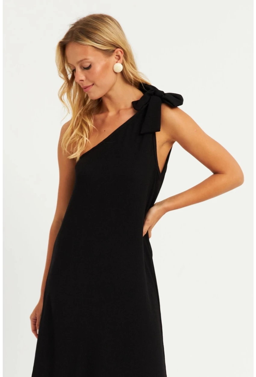 Kadın Siyah Omuz Fiyonklu Bürümcük Midi Elbise EY2800