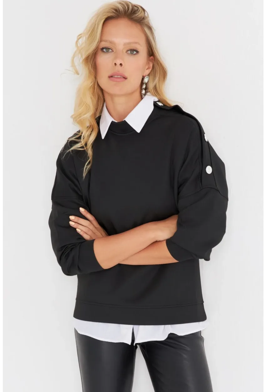 Kadın Siyah Omuz Taşlı Dalgıç Sweatshirt ST824