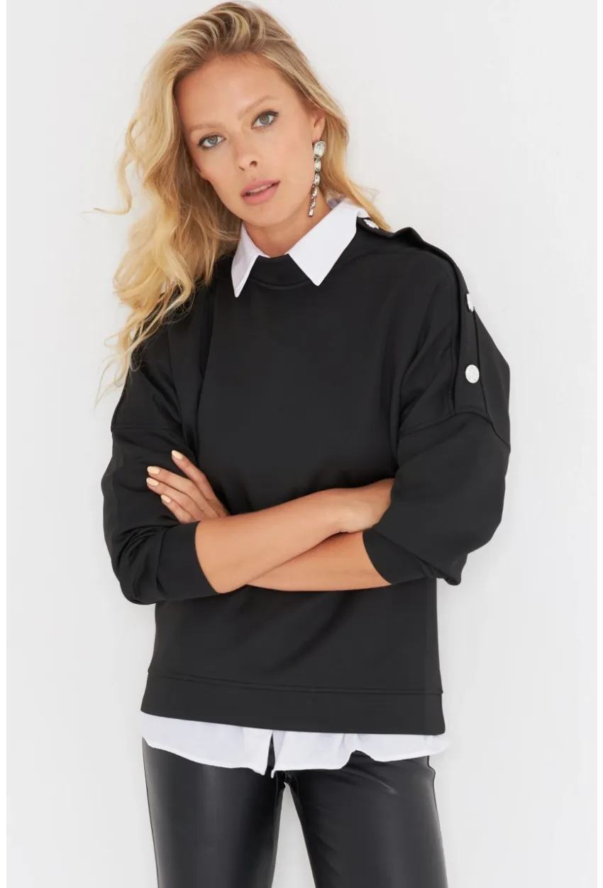 Kadın Siyah Omuz Taşlı Dalgıç Sweatshirt ST824