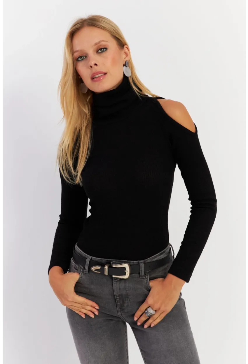 Kadın Siyah Omuzları Açık Kaşkorse Bluz HOR04