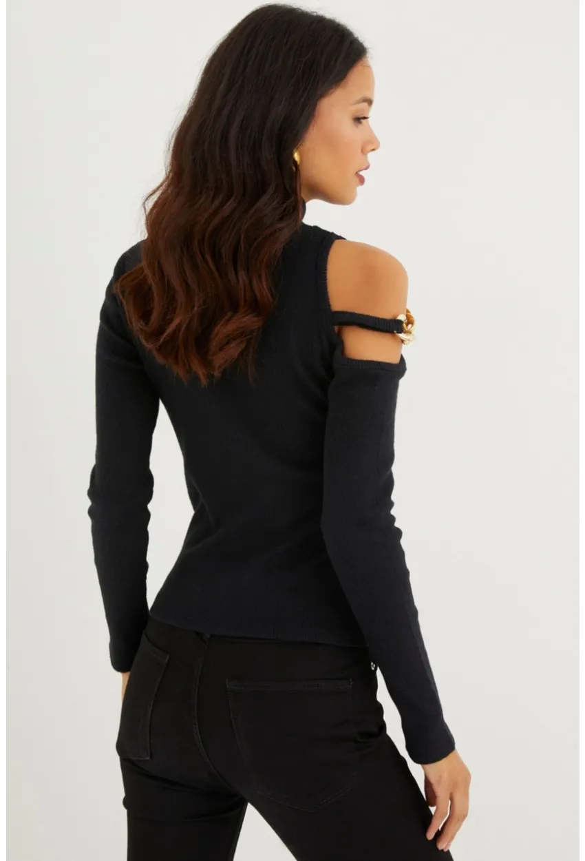 Kadın Siyah Omuzları Açık Zincirli Triko Bluz SF2005