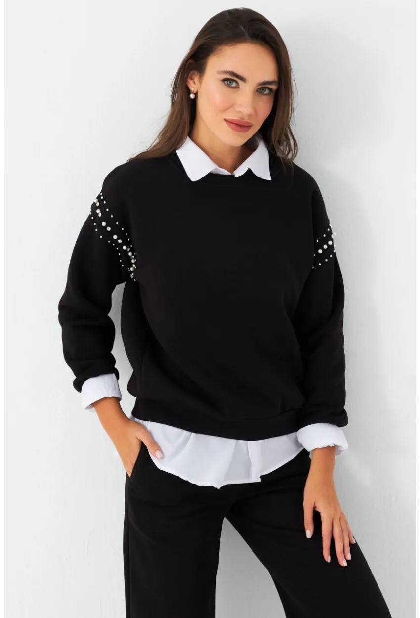 Kadın Siyah Omuzları İnci Detaylı Sweatshirt DY1424