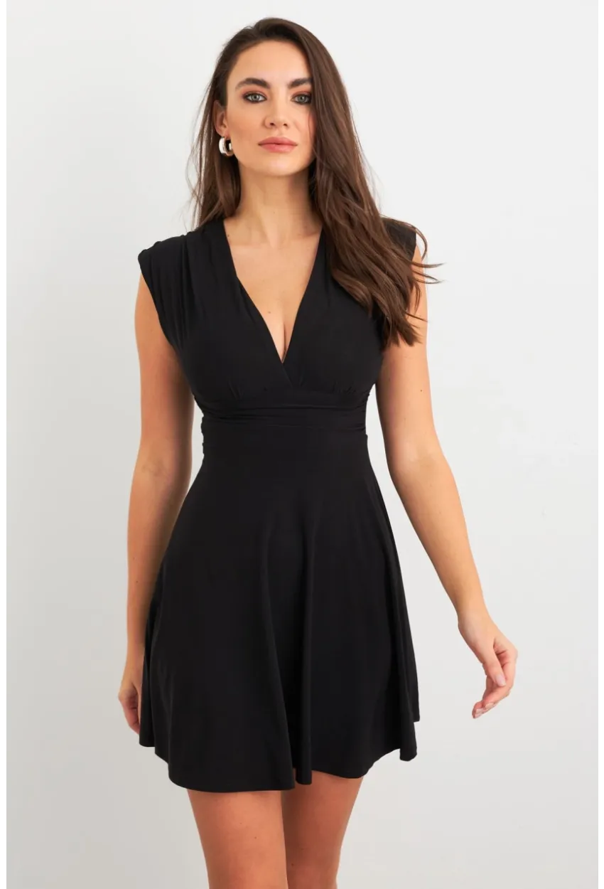Kadın Siyah Omuzları Vatkalı Kruvaze Mini Elbise ELT3678