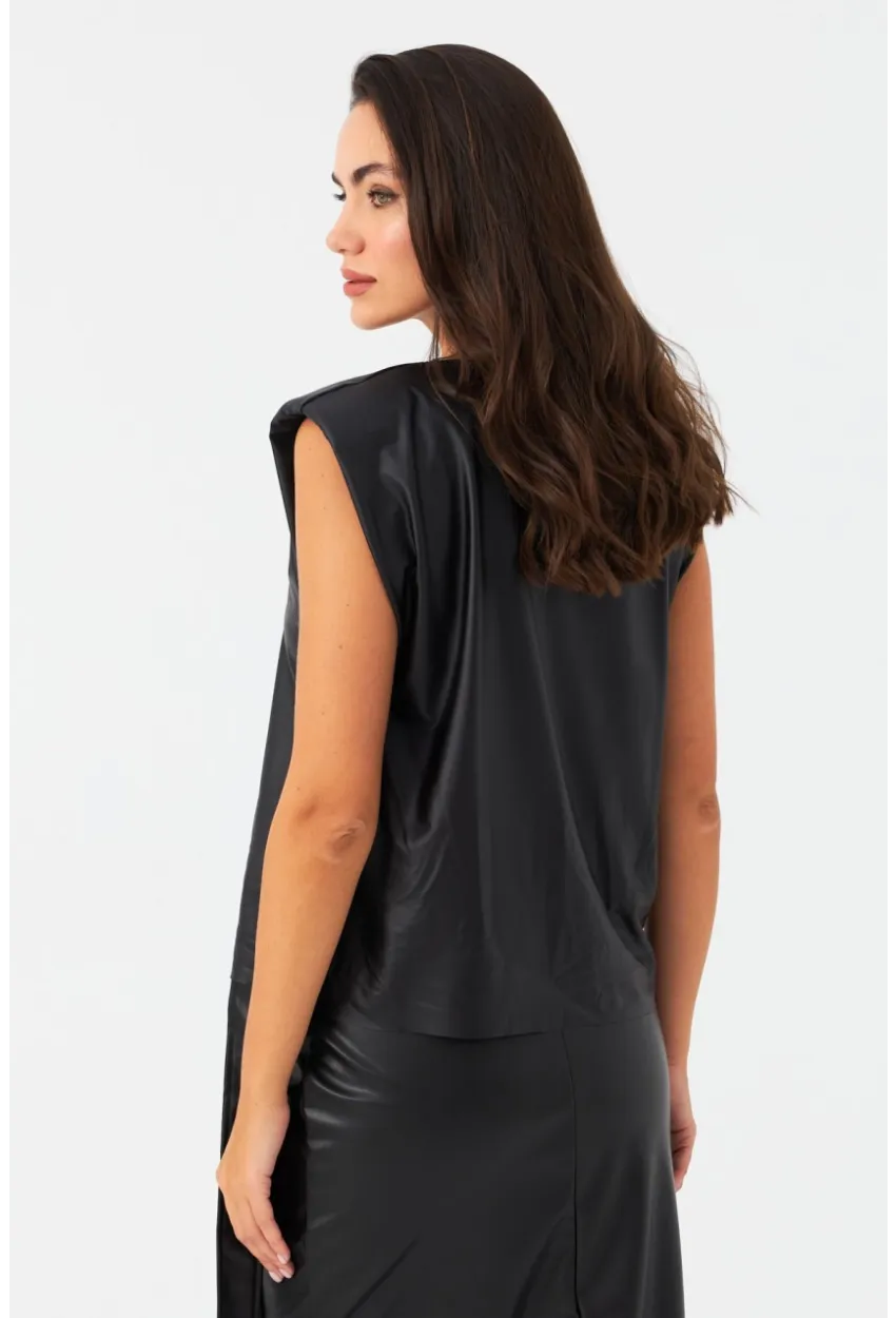 Kadın Siyah Omuzları Vatkalı Suni Deri Bluz TF42