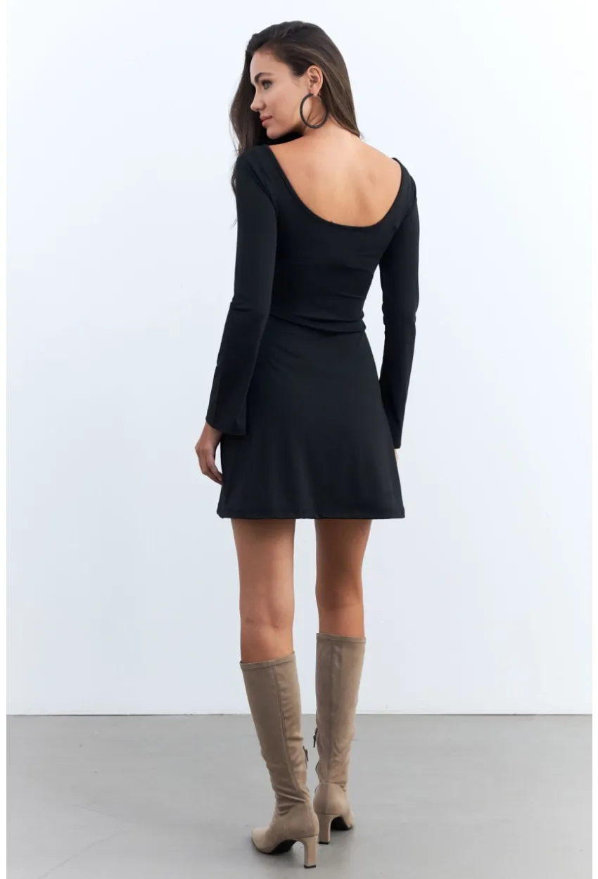 Kadın Siyah Ön Arka U Mini Elbise DMR400
