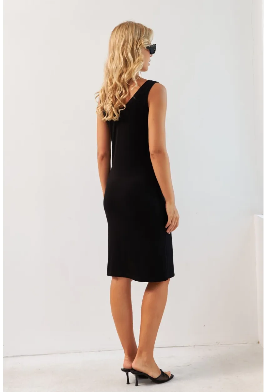 Kadın Siyah Ön Arka V Midi Elbise RX440