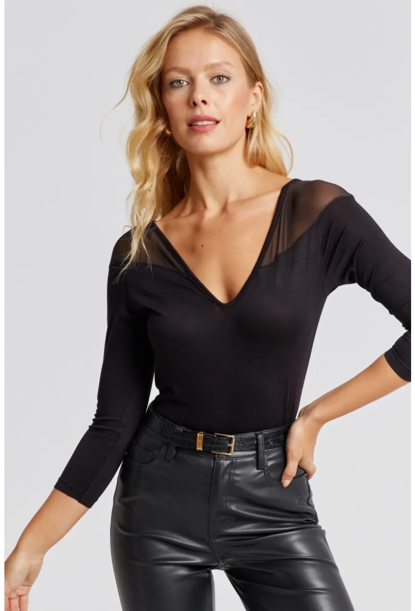 Kadın Siyah Ön Arka V Tül Detaylı Bluz Yİ2502