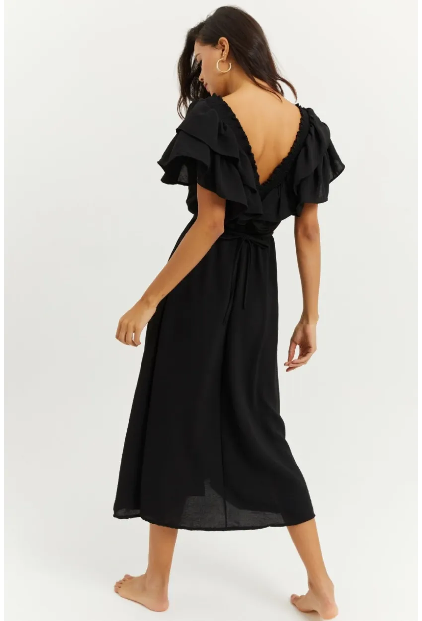 Kadın Siyah Ön Arka V Volanlı Elbise KS113