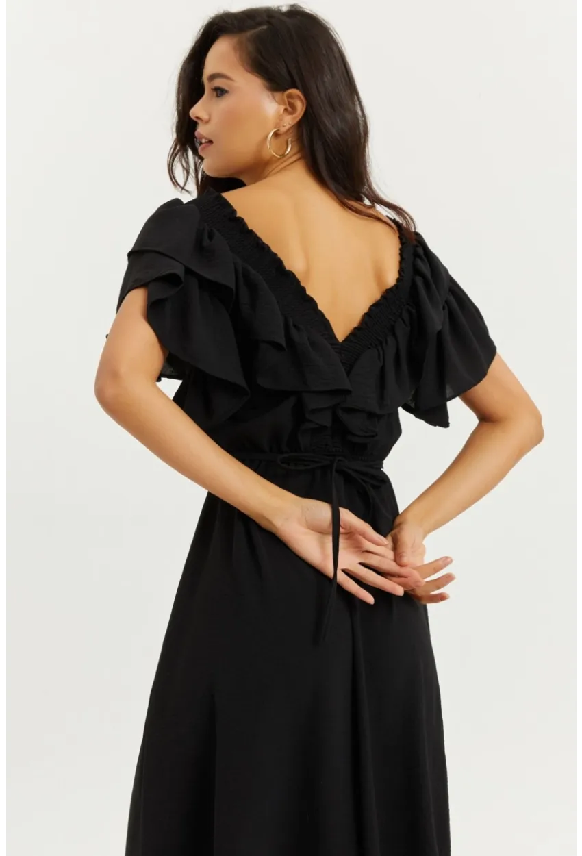 Kadın Siyah Ön Arka V Volanlı Elbise KS113