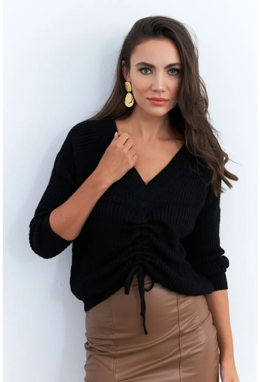 Kadın Siyah Önü Arka V Önü Büzgülü Kazak KAZ29