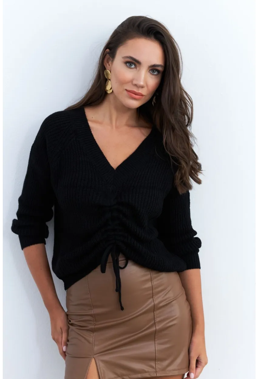 Kadın Siyah Önü Arka V Önü Büzgülü Kazak KAZ29