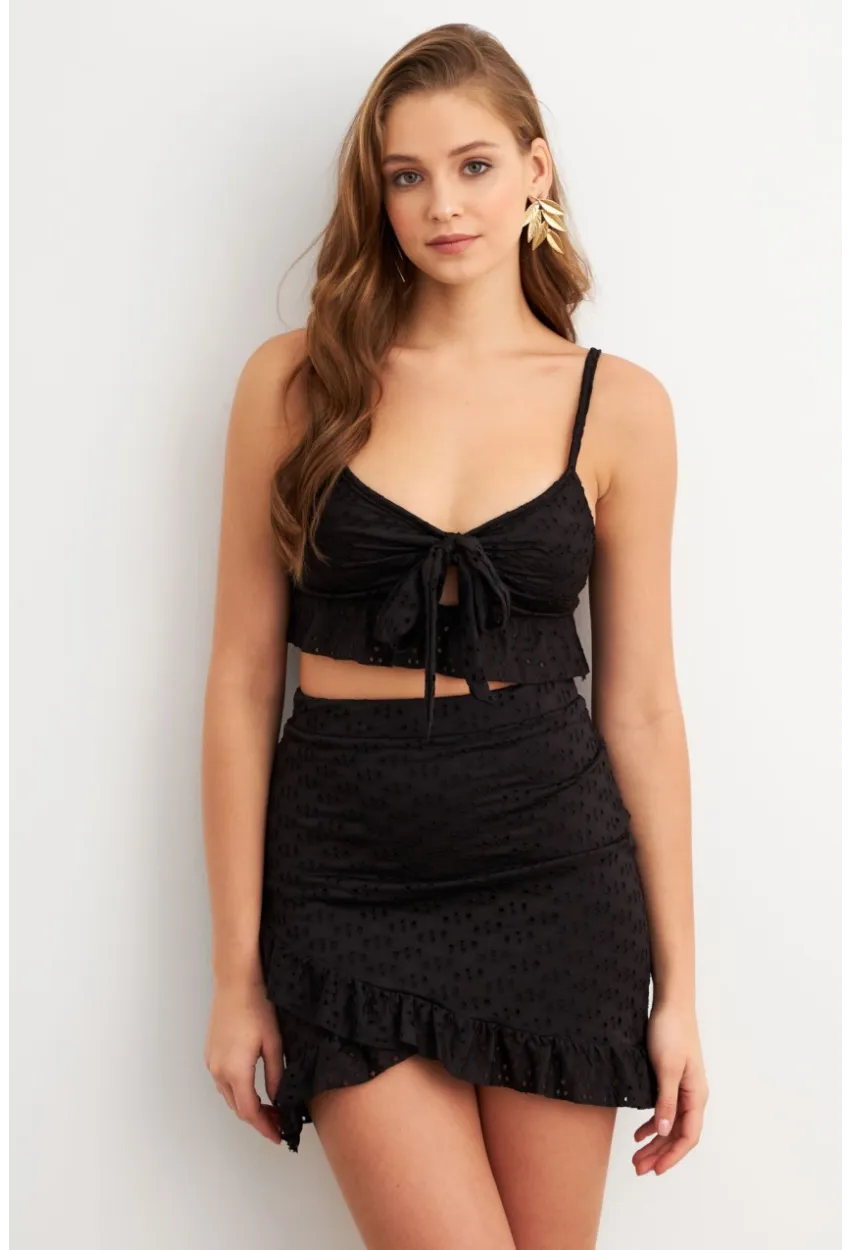 Kadın Siyah Önü Bağlamalı Mini Etekli Takım LİT1088