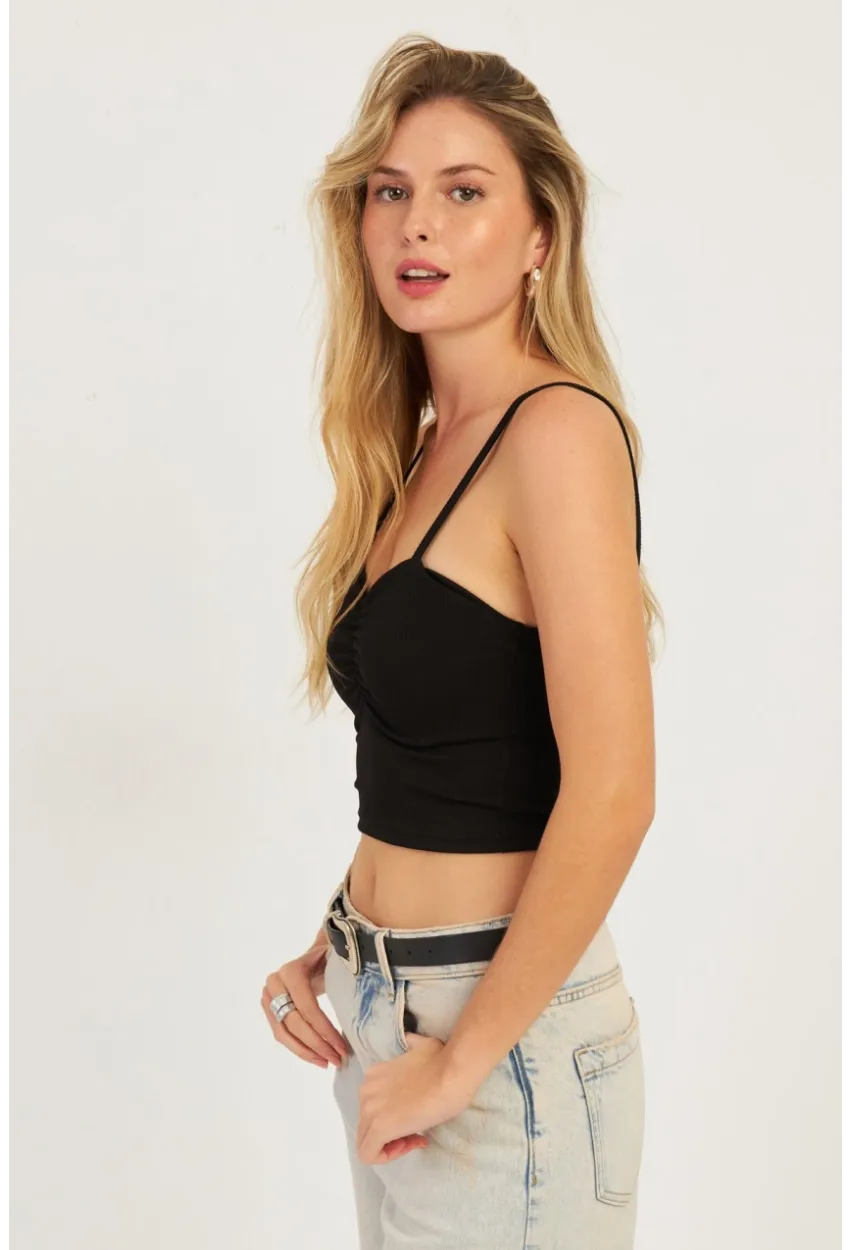 Kadın Siyah Önü Büzgülü Crop Bluz CG339