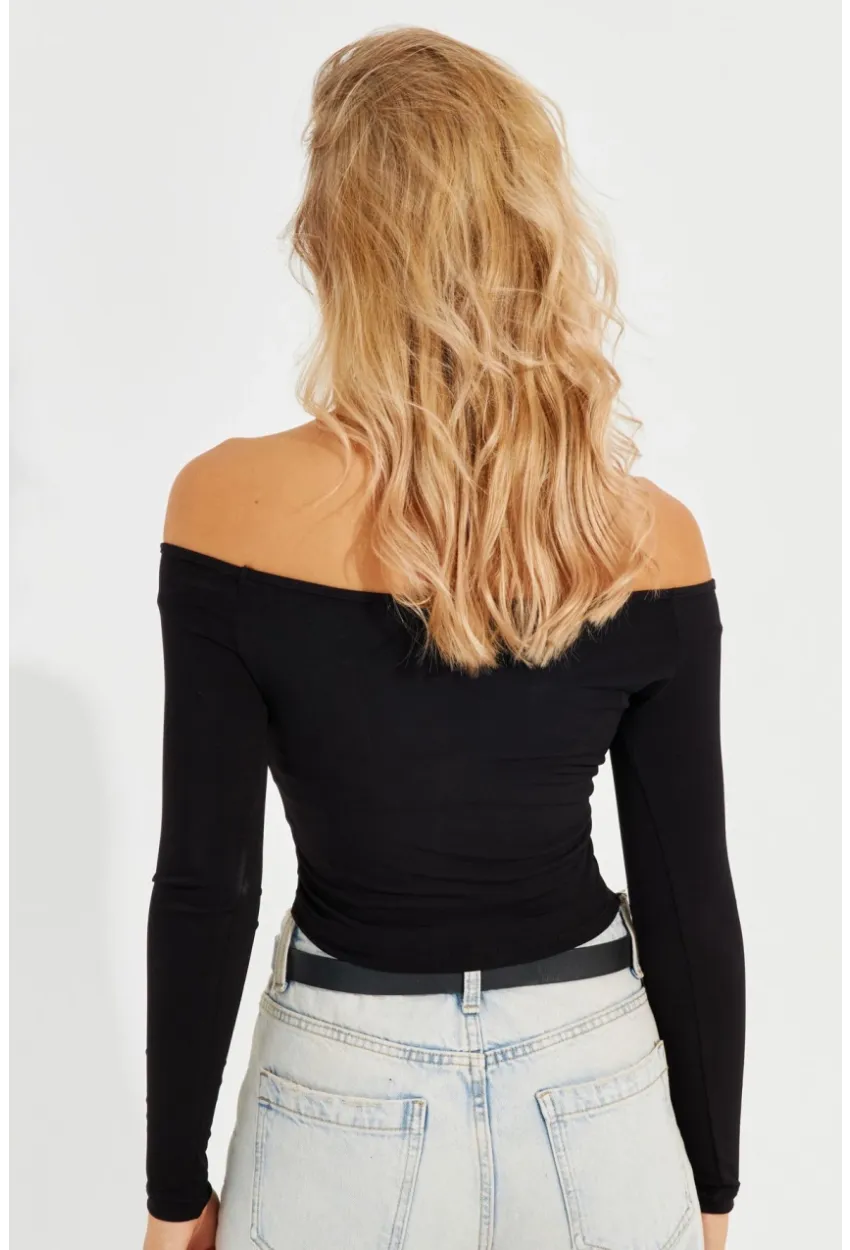 Kadın Siyah Önü Büzgülü V Yaka Crop Bluz B1977