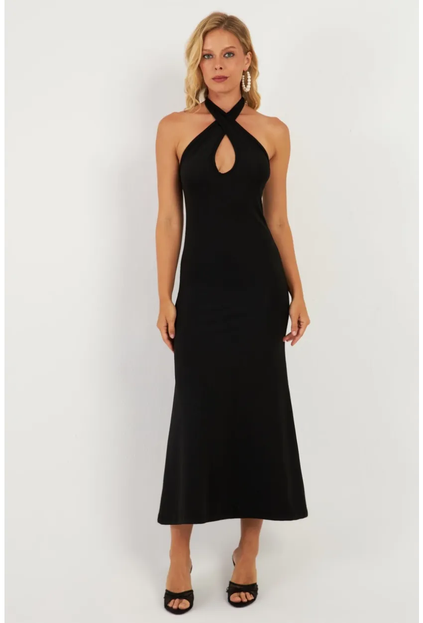 Kadın Siyah Önü Damla Midi Elbise EY2847