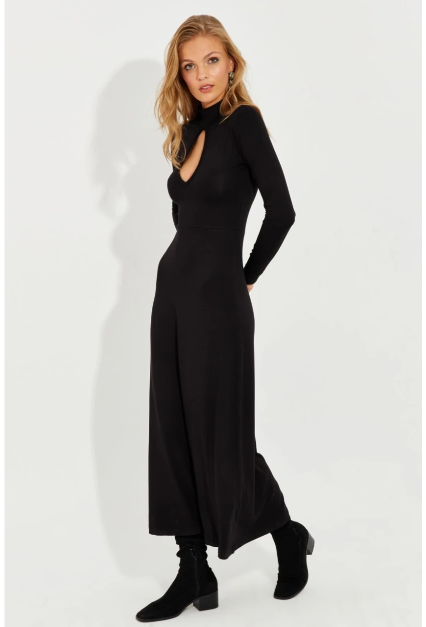 Kadın Siyah Önü Damla Yırtmaçlı Midi Elbise EY2575