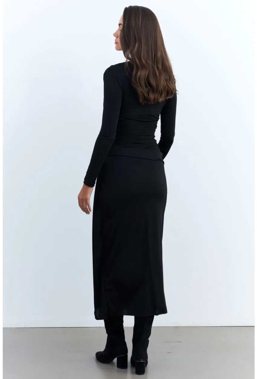 Kadın Siyah Önü Drapeli Maxi Elbise SHR5