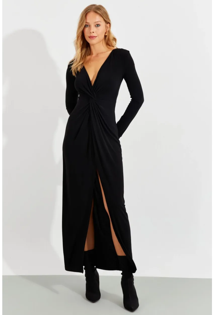 Kadın Siyah Önü Düğümlü Maxi Elbise BK1708
