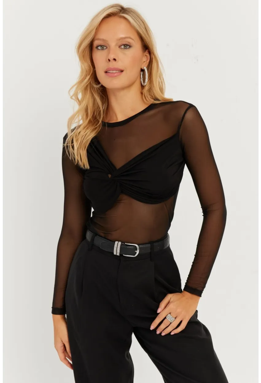 Kadın Siyah Önü Düğümlü Tül Bluz KS118