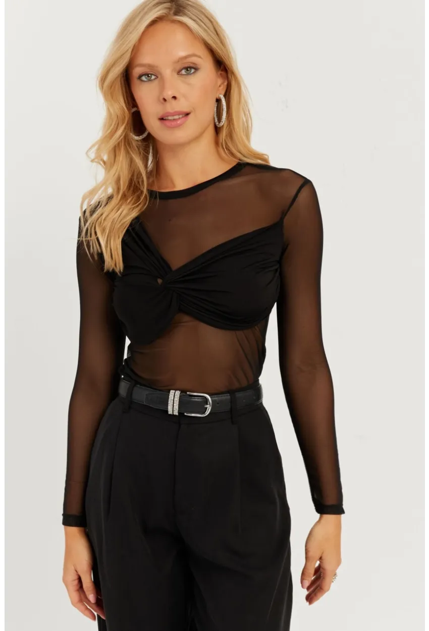 Kadın Siyah Önü Düğümlü Tül Bluz KS118