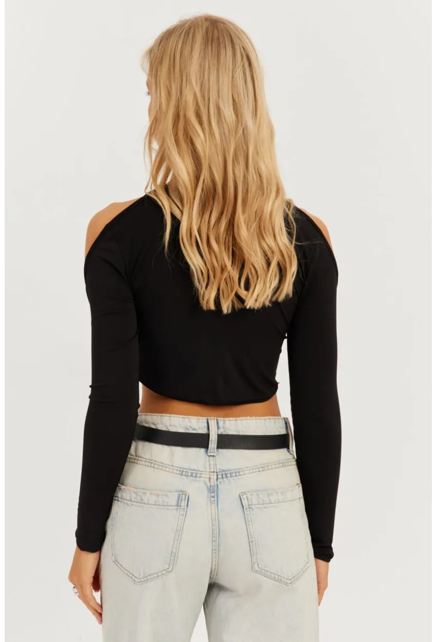 Kadın Siyah Önü Halkalı Crop Bluz MEN2038