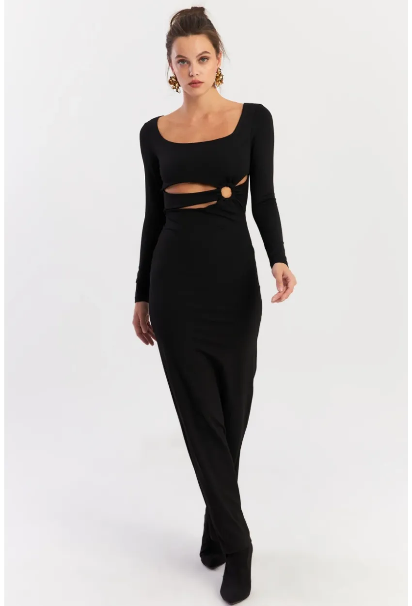 Kadın Siyah Önü Halkalı Maxi Yılbaşı Elbise DCF089