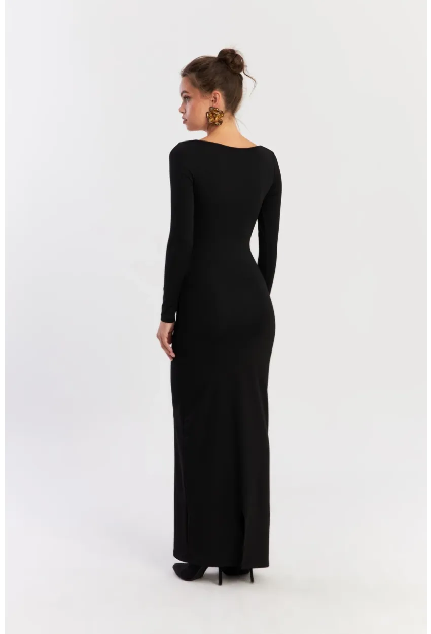 Kadın Siyah Önü Halkalı Maxi Yılbaşı Elbise DCF089