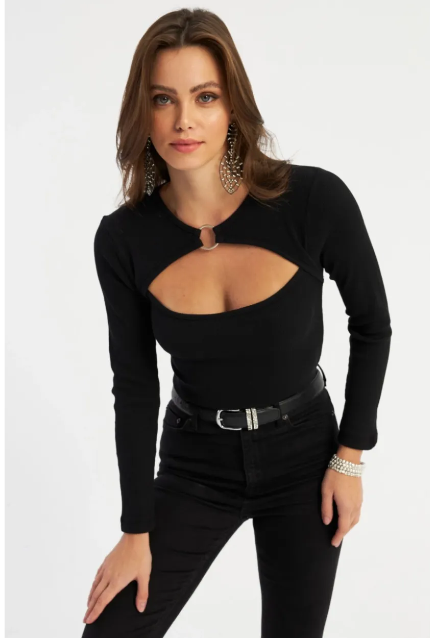 Kadın Siyah Önü Halkalı Pencereli Kaşkorse Bluz AYD382
