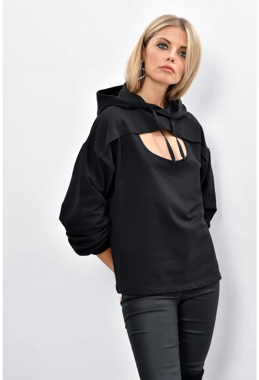 Kadın Siyah Önü Pencereli Kapüşonlu Sweatshirt Yİ1669