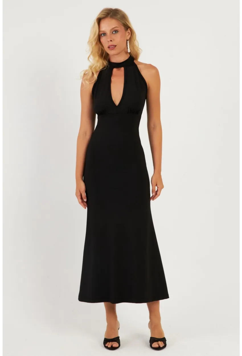 Kadın Siyah Önü Pencereli Midi Elbise EY2849