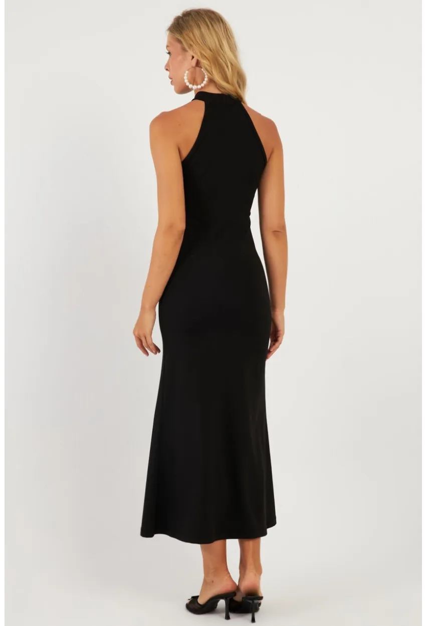 Kadın Siyah Önü Pencereli Midi Elbise EY2849