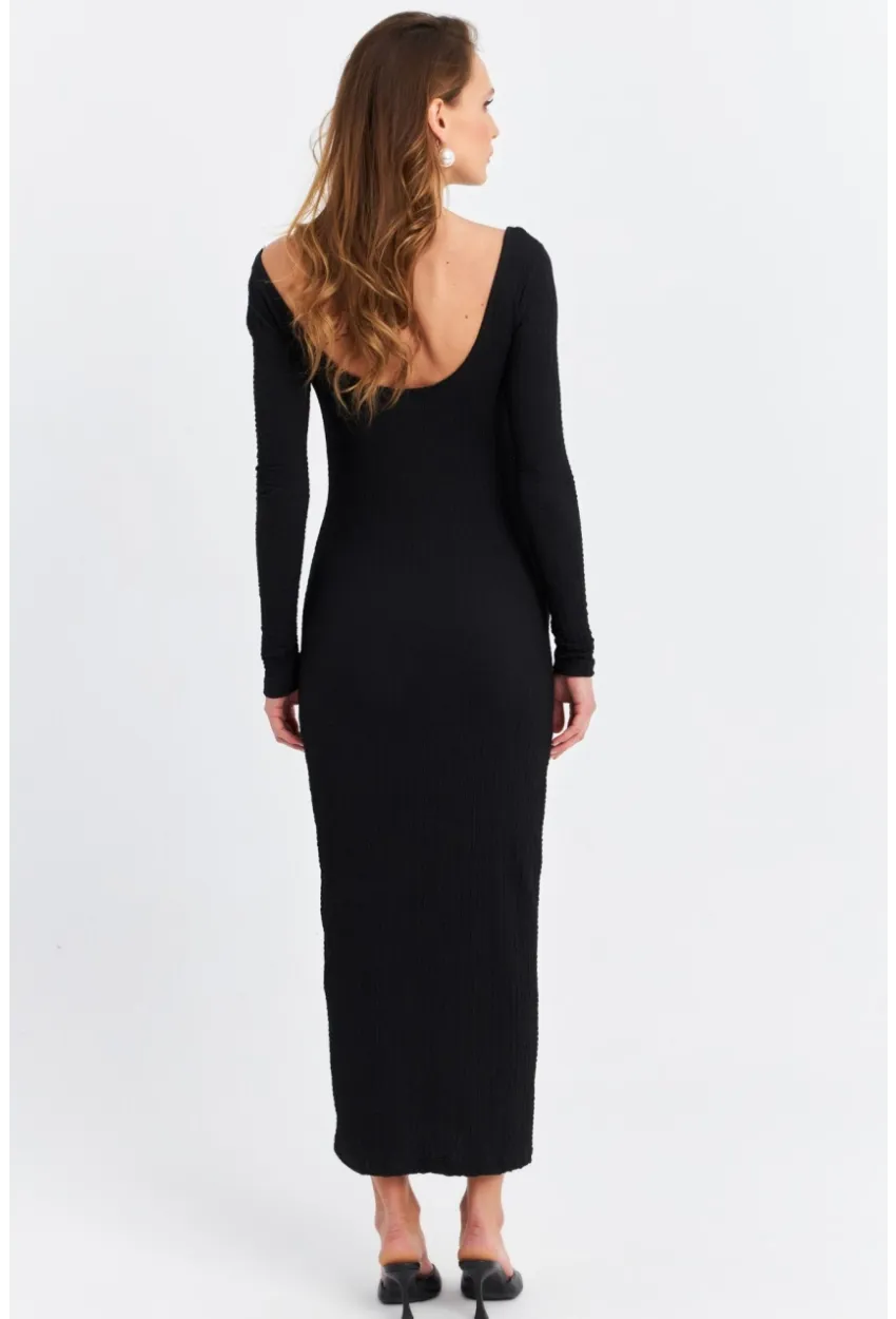 Kadın Siyah Önü Pencereli Midi  Elbise ZH09