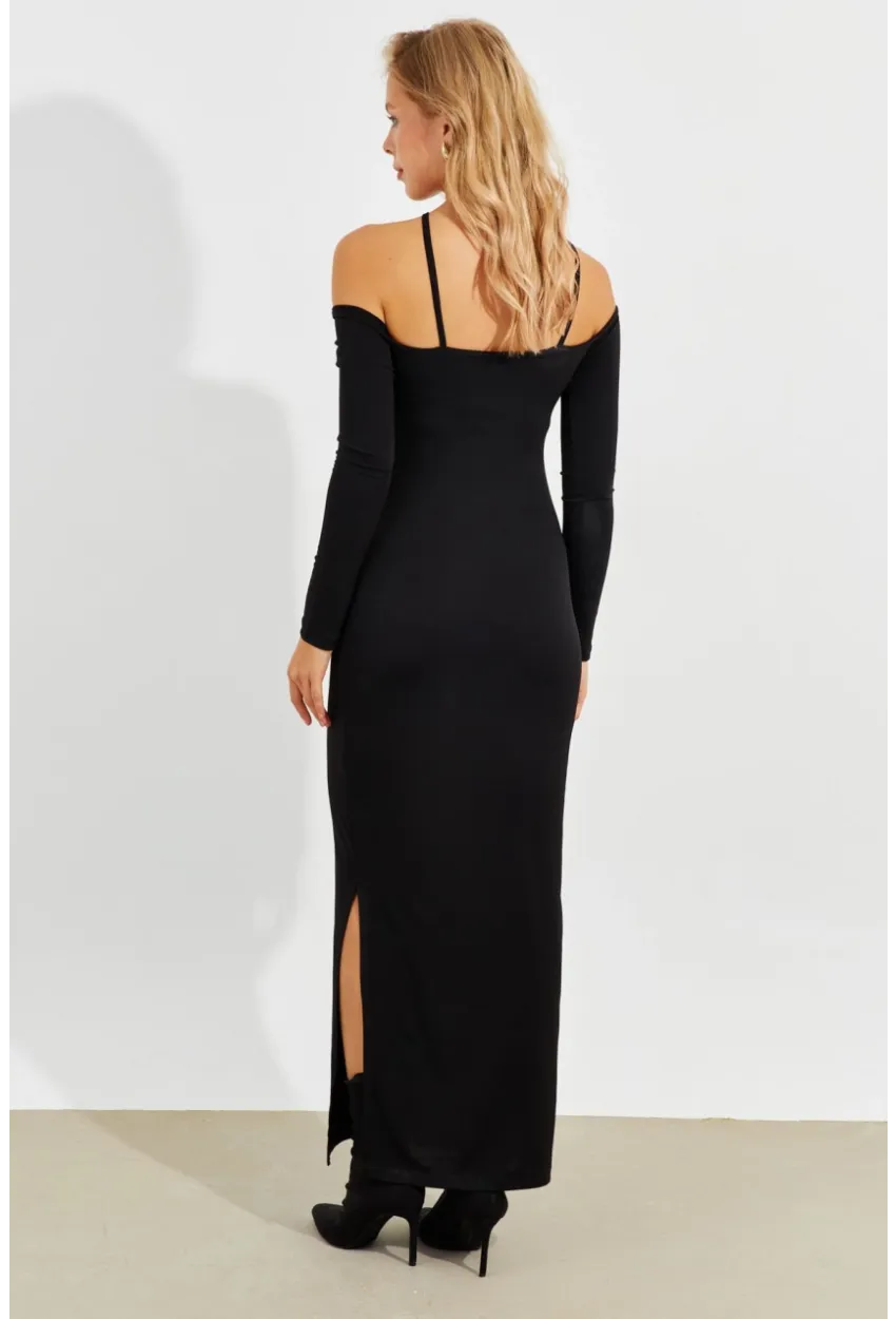 Kadın Siyah Önü Pencereli Yırtmaçlı Maxi Elbise MEN2012