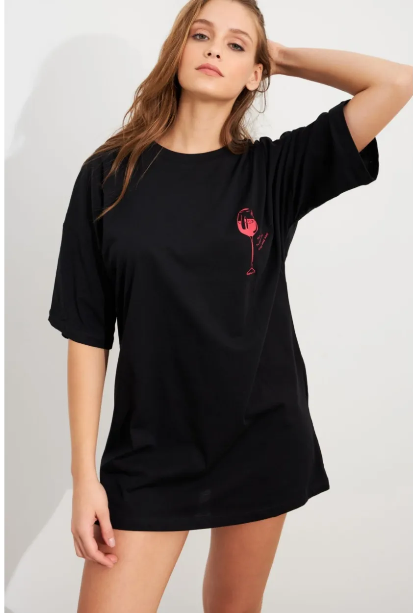 Kadın Siyah Oversize Pijama T-Shirt TPG14