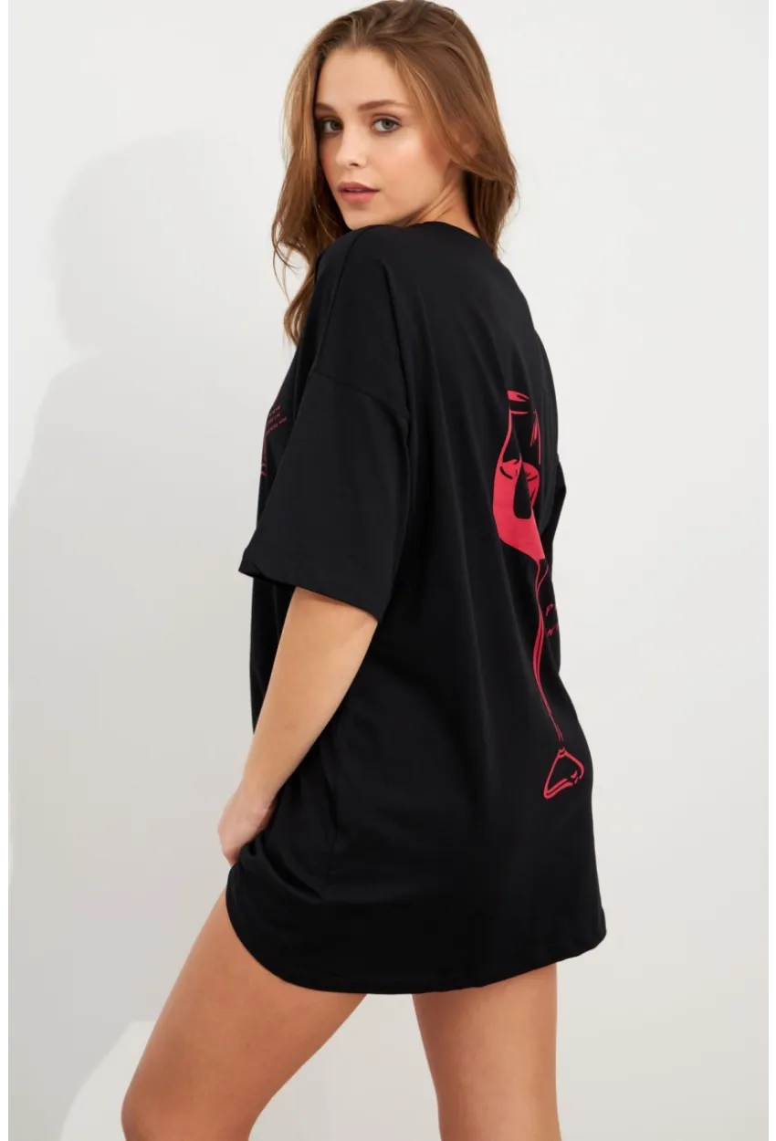 Kadın Siyah Oversize Pijama T-Shirt TPG14