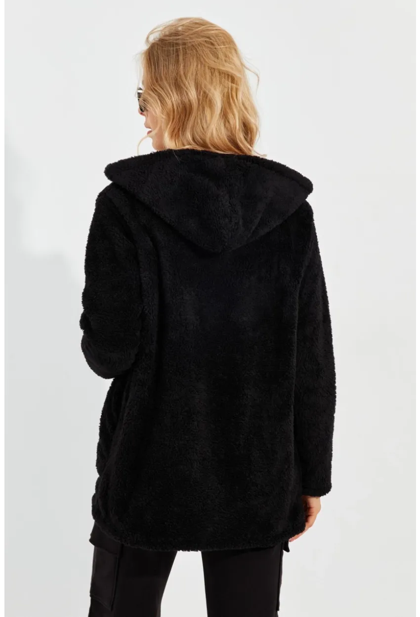 Kadın Siyah Peluş Fermuarlı Ceket Q979