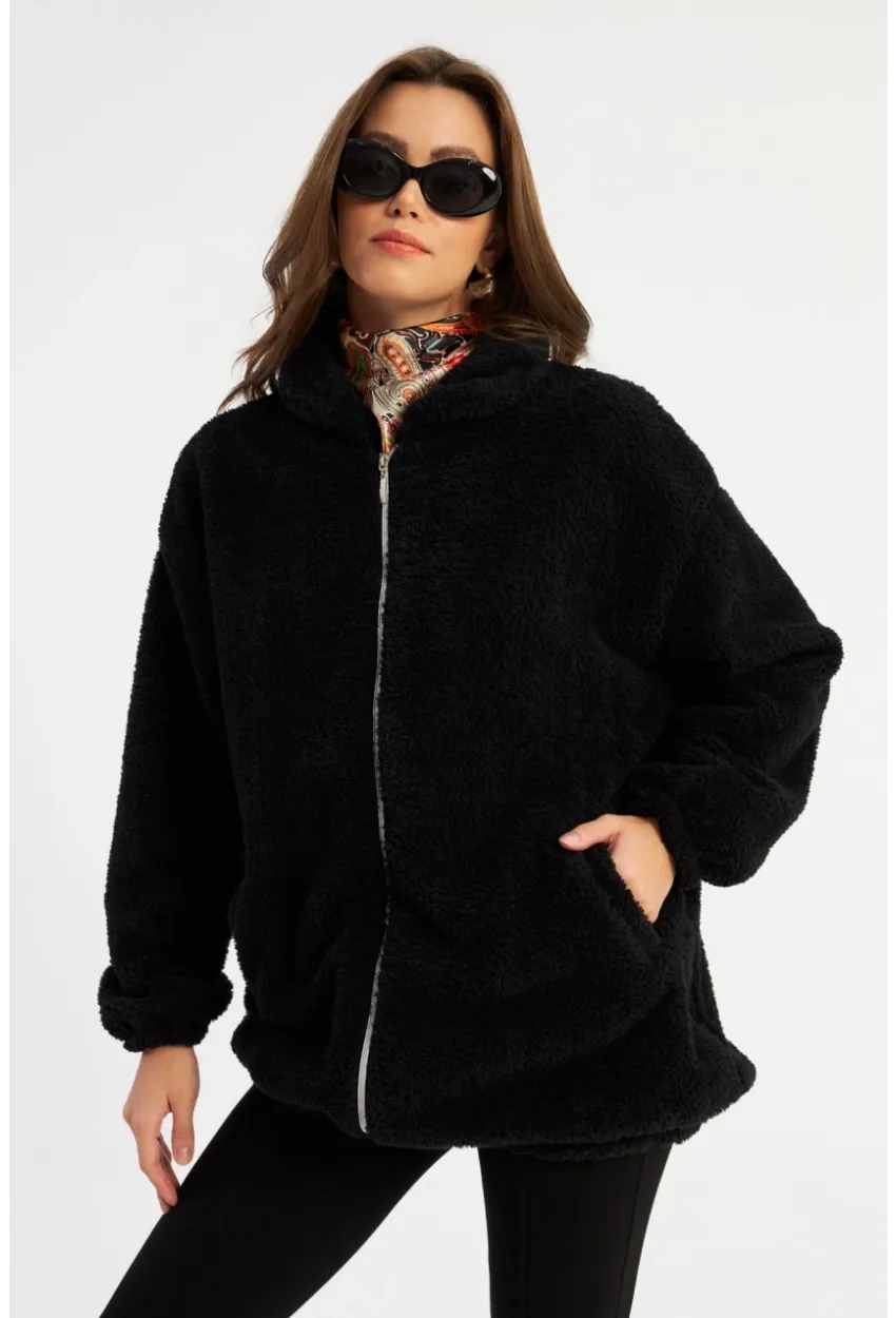 Kadın Siyah Peluş Mont MLYT58