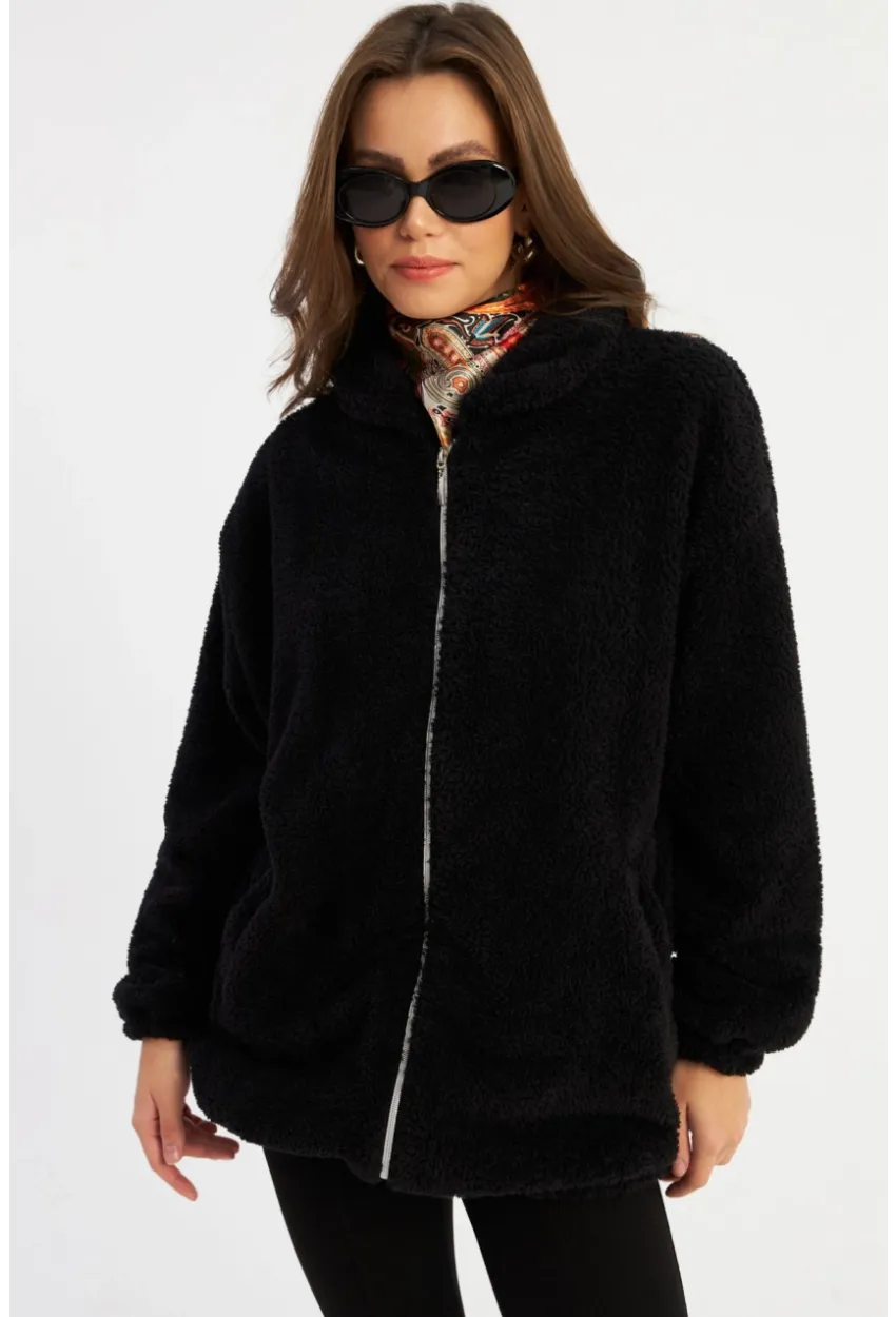 Kadın Siyah Peluş Mont MLYT58