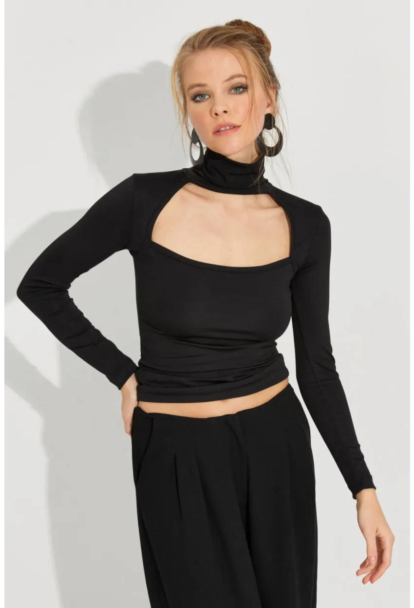 Kadın Siyah Pencereli Balıkçı Bluz EY2587