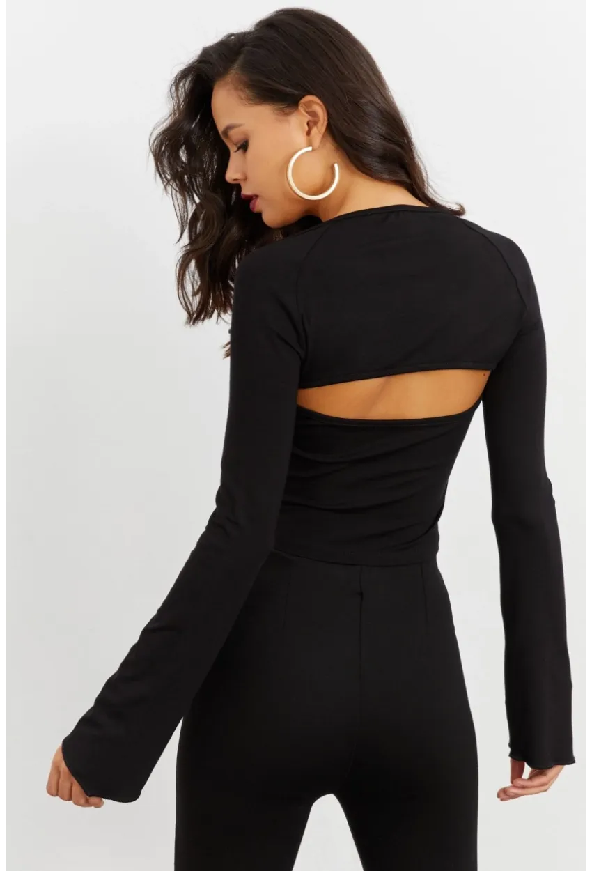 Kadın Siyah Pencereli Crop Bluz B1905