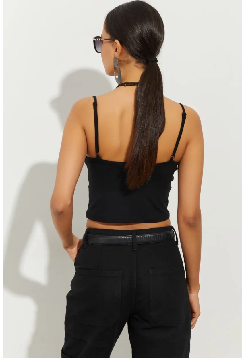 Kadın Siyah Pencereli Crop Bluz B2441