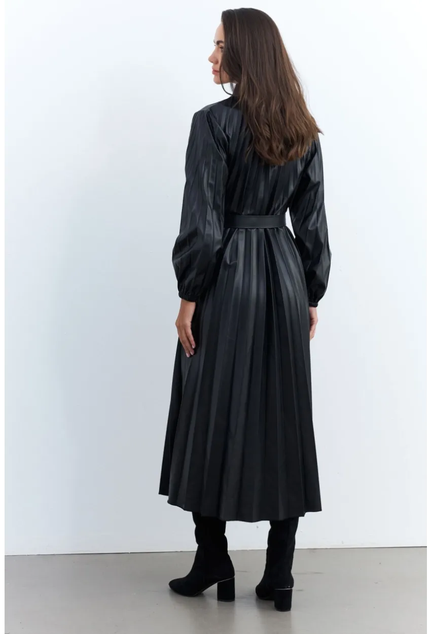 Kadın Siyah Pileli Kemerli Maxi Elbise MALZ99