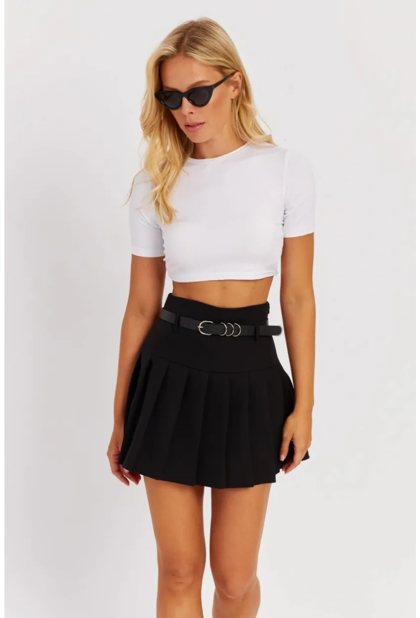 Kadın Siyah Pilise Kemerli Mini Etek SGT402