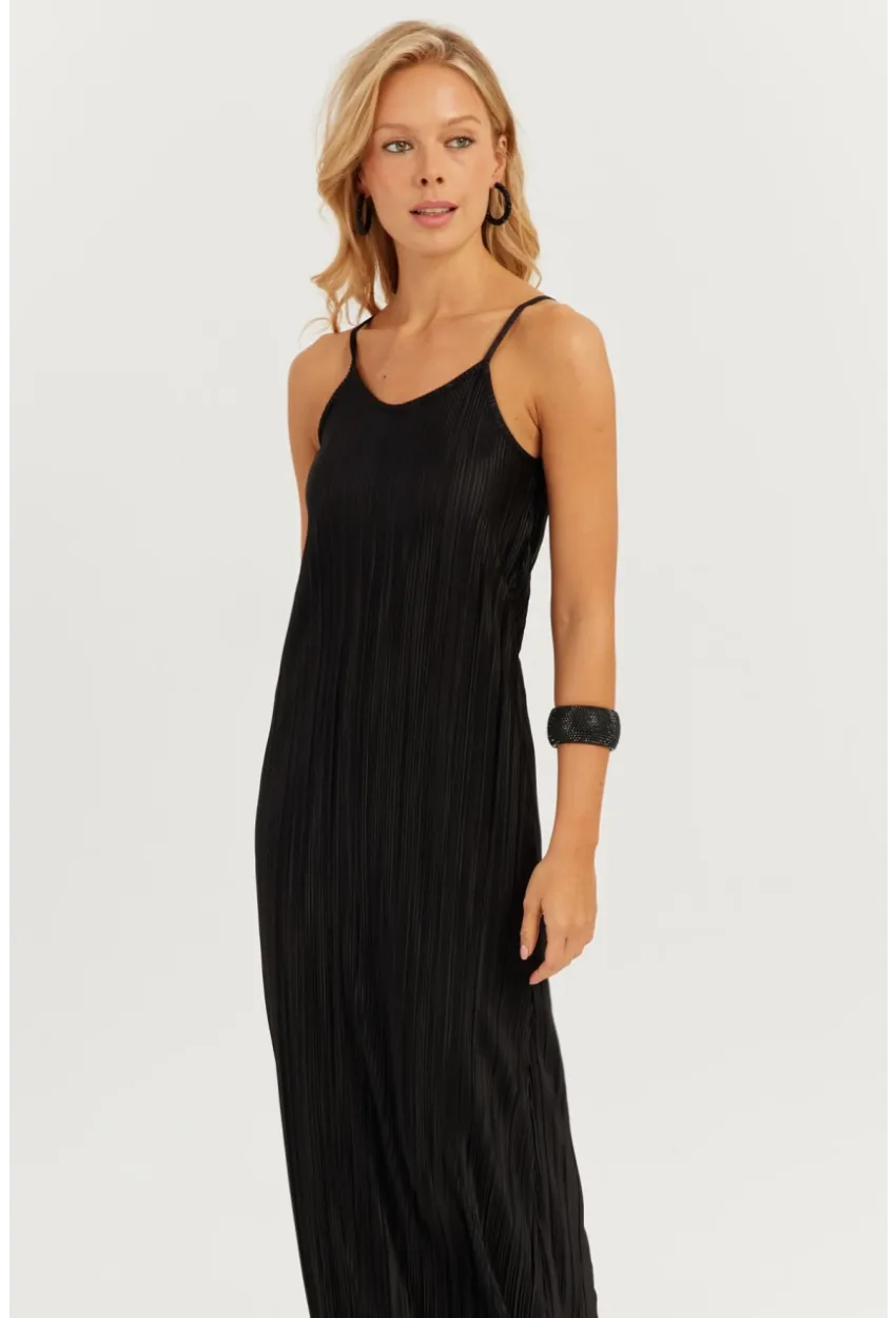 Kadın Siyah Piliseli Askılı Midi Elbise DMR296